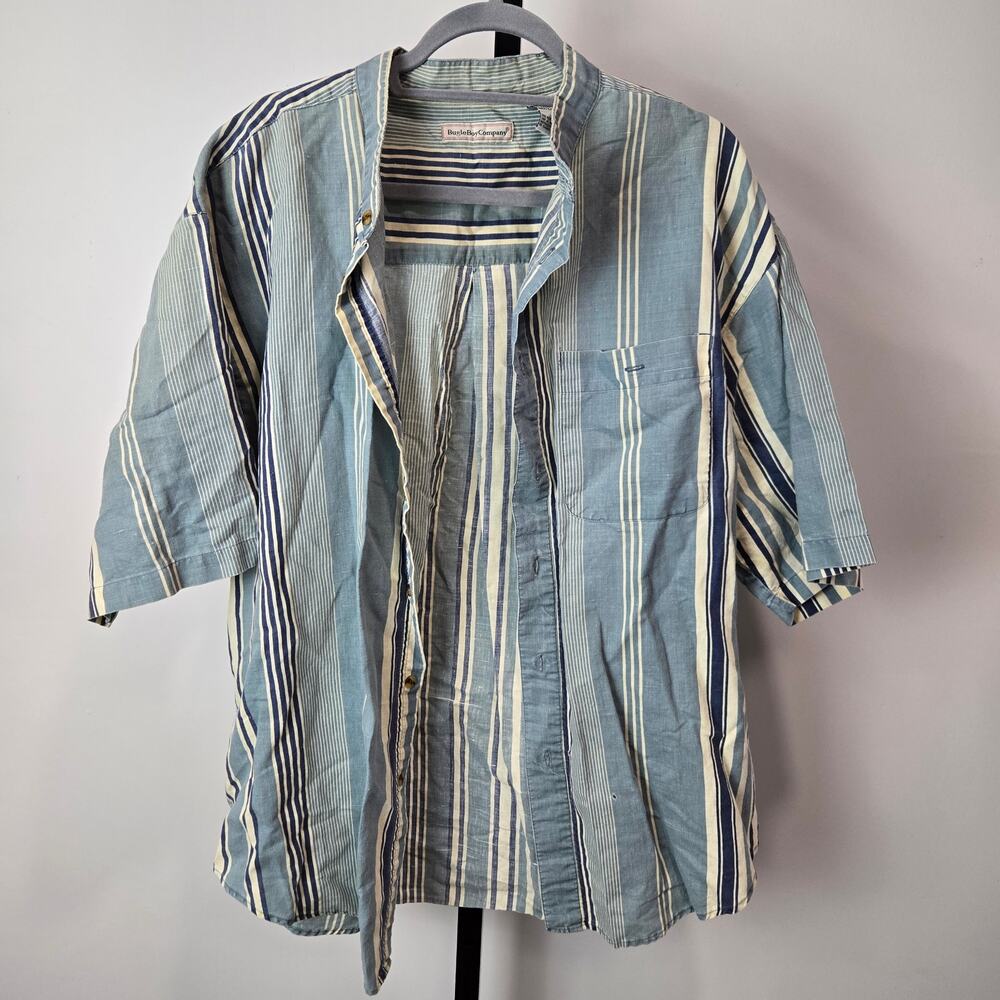Vintage 90s Bugle Boy Short Sleeve Button Up Shirt Blue Stripe Indie Hipster XL